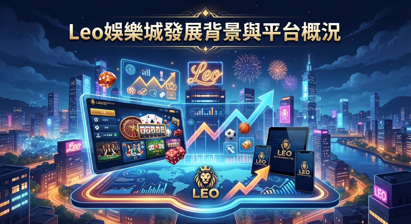 畫面展示了一座融合了霓虹燈光、城市夜景與數位圖表的科技化娛樂平台概念, 正上方醒目地印有「Leo娛樂城發展背景與平台概況」之標題。